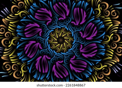 Beautiful caleidoscope symmetrical colourful gradient line art of traditional abstract symbol batik dayak ornament design template elements