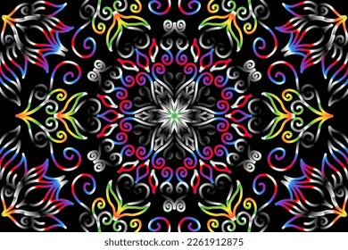Beautiful caleidoscope symmetrical colourful gradient line art of traditional abstract symbol batik dayak ornament design template elements