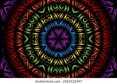 Hermoso caleidoscopio gradiente simétrico colorido arte de la línea de diseño tradicional de símbolo abstracto batik dayak ornament