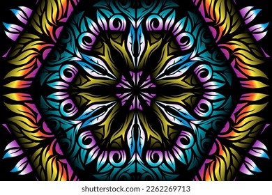 Beautiful caleidoscope symmetrical colourful gradient line art of traditional abstract symbol batik dayak ornament design template elements