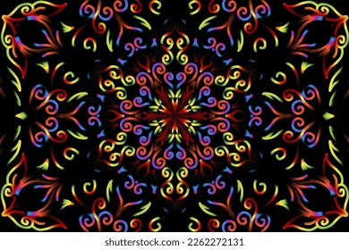 Beautiful caleidoscope symmetrical colourful gradient line art of traditional abstract symbol batik dayak ornament design template elements