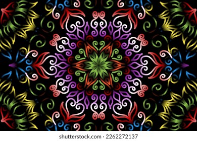 Beautiful caleidoscope symmetrical colourful gradient line art of traditional abstract symbol batik dayak ornament design template elements