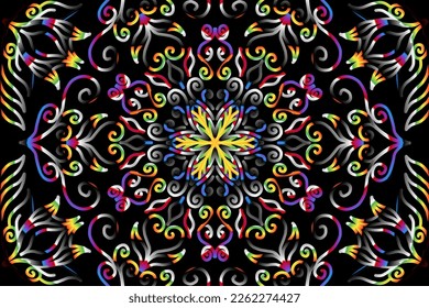 Beautiful caleidoscope symmetrical colourful gradient line art of traditional abstract symbol batik dayak ornament design template elements