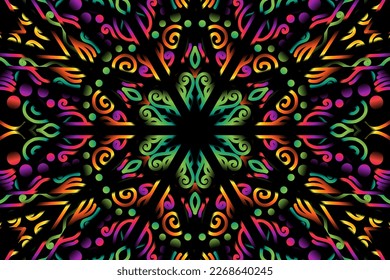 Beautiful caleidoscope symmetrical colourful gradient flowers line art of traditional abstract symbol batik dayak ornament design template elements
