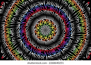 Beautiful caleidoscope symmetrical colourful gradient flowers line art of traditional abstract symbol batik dayak ornament design template elements
