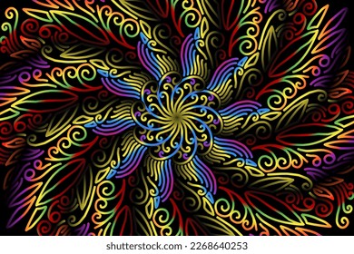 Beautiful caleidoscope symmetrical colourful gradient flowers line art of traditional abstract symbol batik dayak ornament design template elements
