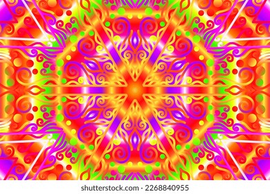 Beautiful caleidoscope symmetrical colourful gradient flowers line art of traditional abstract symbol batik dayak ornament design template elements
