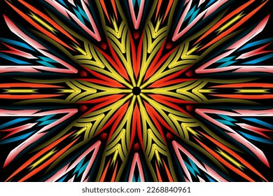 Beautiful caleidoscope symmetrical colourful gradient flowers line art of traditional abstract symbol batik dayak ornament design template elements
