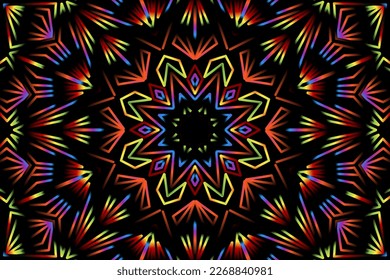 Beautiful caleidoscope symmetrical colourful gradient flowers line art of traditional abstract symbol batik dayak ornament design template elements
