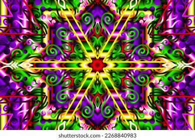Beautiful caleidoscope symmetrical colourful gradient flowers line art of traditional abstract symbol batik dayak ornament design template elements

