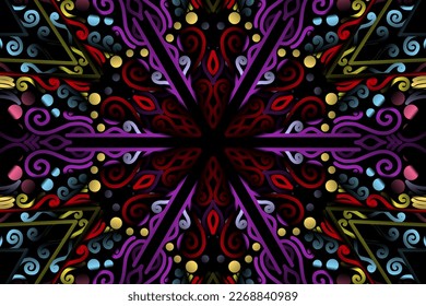 Beautiful caleidoscope symmetrical colourful gradient flowers line art of traditional abstract symbol batik dayak ornament design template elements
