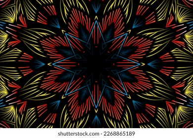 Beautiful caleidoscope symmetrical colourful gradient flowers line art of traditional abstract symbol batik dayak ornament design template elements
