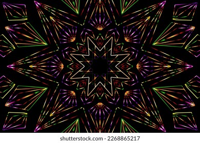 Beautiful caleidoscope symmetrical colourful gradient flowers line art of traditional abstract symbol batik dayak ornament design template elements
