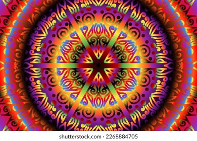 Beautiful caleidoscope symmetrical colourful gradient flowers line art of traditional abstract symbol batik dayak ornament design template elements
