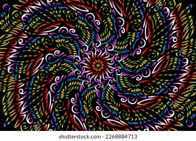 Beautiful caleidoscope symmetrical colourful gradient flowers line art of traditional abstract symbol batik dayak ornament design template elements

