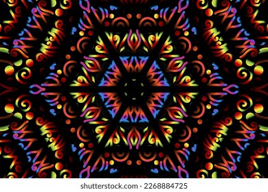 Beautiful caleidoscope symmetrical colourful gradient flowers line art of traditional abstract symbol batik dayak ornament design template elements
