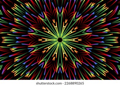 Beautiful caleidoscope symmetrical colourful gradient flowers line art of traditional abstract symbol batik dayak ornament design template elements

