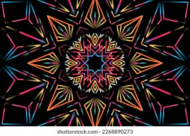 Beautiful caleidoscope symmetrical colourful gradient flowers line art of traditional abstract symbol batik dayak ornament design template elements

