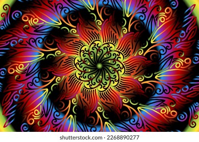Beautiful caleidoscope symmetrical colourful gradient flowers line art of traditional abstract symbol batik dayak ornament design template elements
