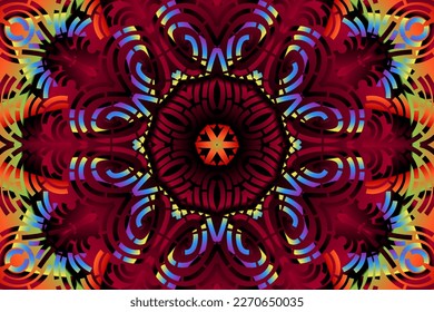 Beautiful caleidoscope symmetrical colourful gradient flowers line art of traditional background batik dayak ornament design template elements