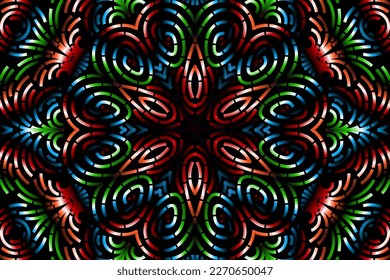 Beautiful caleidoscope symmetrical colourful gradient flowers line art of traditional background batik dayak ornament design template elements