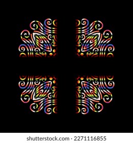 Beautiful caleidoscope symmetrical colourful gradient flowers line art of traditional background batik dayak ornament design template elements