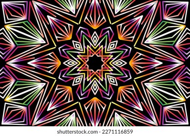 Beautiful caleidoscope symmetrical colourful gradient flowers line art of traditional background batik dayak ornament design template elements