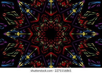 Beautiful caleidoscope symmetrical colourful gradient flowers line art of traditional background batik dayak ornament design template elements