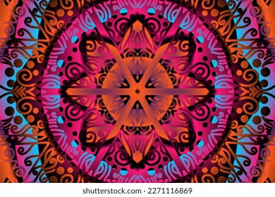 Beautiful caleidoscope symmetrical colourful gradient flowers line art of traditional background batik dayak ornament design template elements