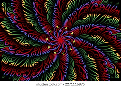 Beautiful caleidoscope symmetrical colourful gradient flowers line art of traditional background batik dayak ornament design template elements