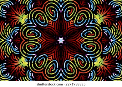 Beautiful caleidoscope symmetrical colourful gradient flowers line art of traditional background batik dayak ornament design template elements
