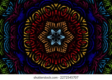Beautiful caleidoscope symmetrical colourful gradient flowers line art of traditional background batik dayak ornament design template elements