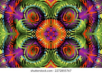 Beautiful caleidoscope symmetrical colourful gradient flowers line art of traditional background batik dayak ornament design template elements