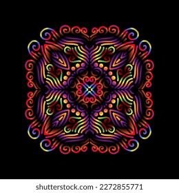 Beautiful caleidoscope symmetrical colourful gradient flowers line art of traditional background batik dayak ornament design template elements