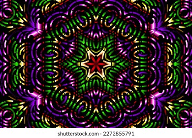 Beautiful caleidoscope symmetrical colourful gradient flowers line art of traditional background batik dayak ornament design template elements