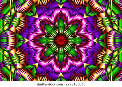 Beautiful caleidoscope symmetrical colourful gradient flowers line art of traditional background batik dayak ornament design template elements