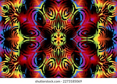 Beautiful caleidoscope symmetrical colourful gradient flowers line art of traditional background batik dayak ornament design template elements