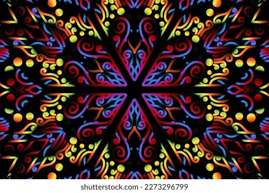 Beautiful caleidoscope symmetrical colourful gradient flowers line art of traditional background batik dayak ornament design template elements