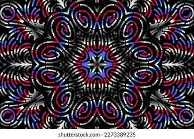 Beautiful caleidoscope symmetrical colourful gradient flowers line art of traditional background batik dayak ornament design template elements