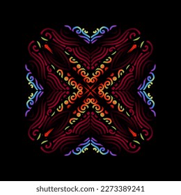 Beautiful caleidoscope symmetrical colourful gradient flowers line art of traditional background batik dayak ornament design template elements