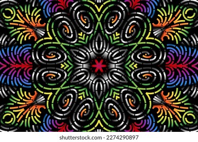 Beautiful caleidoscope symmetrical colourful gradient flowers line art of traditional background batik dayak ornament design template elements