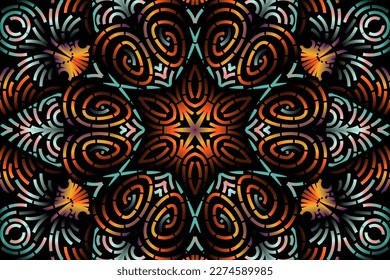 Beautiful caleidoscope symmetrical colourful gradient flowers line art of traditional background batik dayak ornament design template elements