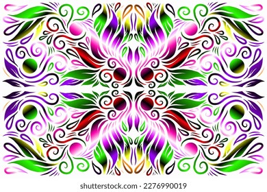 Beautiful caleidoscope symmetrical colourful gradient flowers line art of traditional background batik dayak ornament design template elements