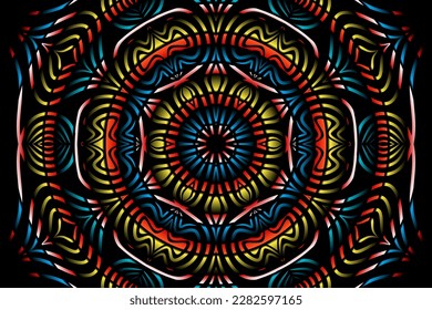 Beautiful caleidoscope symmetrical colourful gradient flowers line art of traditional background batik dayak ornament design template elements