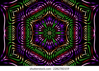 Beautiful caleidoscope symmetrical colourful gradient flowers line art of traditional background batik dayak ornament design template elements