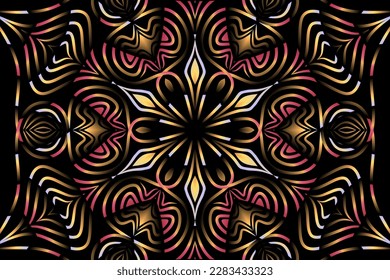 Beautiful caleidoscope symmetrical colourful gradient flowers line art of traditional background batik dayak ornament design template elements