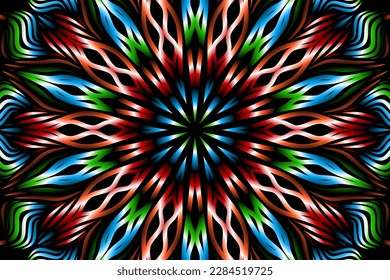 Beautiful caleidoscope symmetrical colourful gradient flowers line art of traditional background batik dayak ornament design template elements