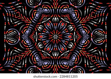 Beautiful caleidoscope symmetrical colourful gradient flowers line art of traditional background batik dayak ornament design template elements