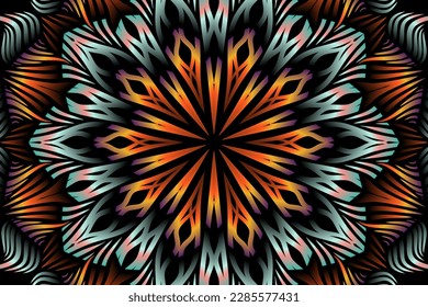 Beautiful caleidoscope symmetrical colourful gradient flowers line art of traditional background batik dayak ornament design template elements