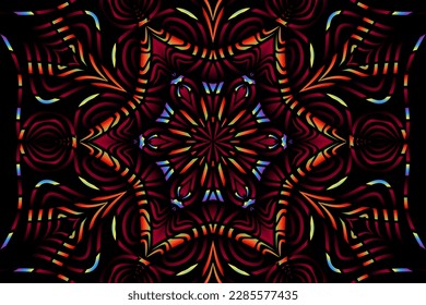 Beautiful caleidoscope symmetrical colourful gradient flowers line art of traditional background batik dayak ornament design template elements